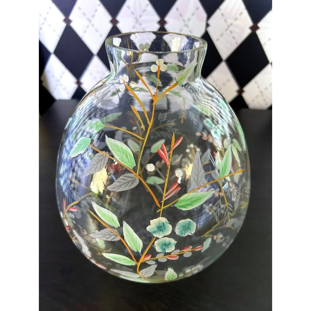 Anthropologie Bella Handpainted Floral Glass Vase Large 9.5 Inch